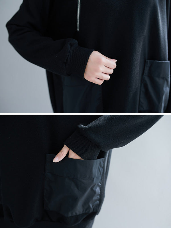 Artistic Retro Loose Zipper High-Neck Long Sleeves Sweatshirt Top