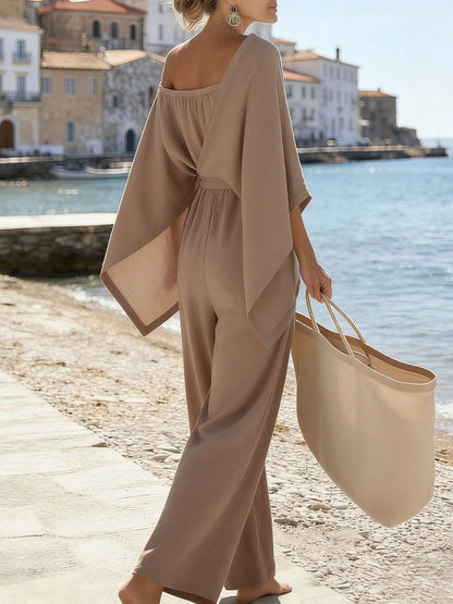 Batwing Sleeves High Waisted Buttoned Pleated Pockets Solid Color One-Shoulder Cape Jumpsuits
