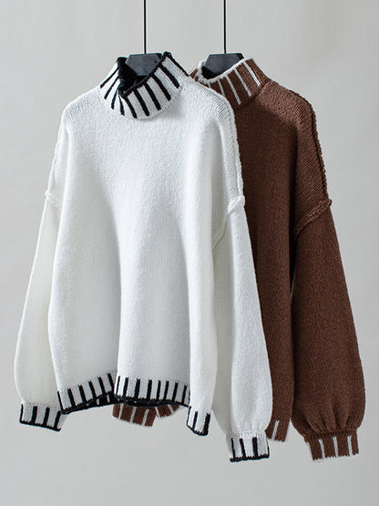 Long Sleeves Loose Contrast Color Split-Joint High Neck Pullovers Sweater Tops