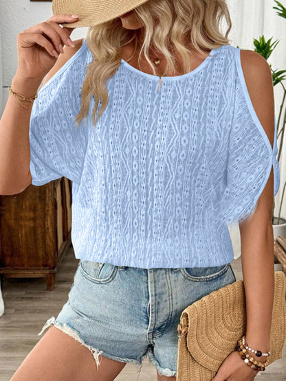 Loose Short Sleeves Solid Color Split-Joint Textured Cold Shoulder Blouses&Shirts Tops