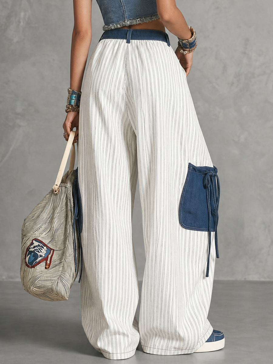 High Waisted Loose Buttoned Contrast Color Pockets Split-Joint Striped Tied Pants Trousers