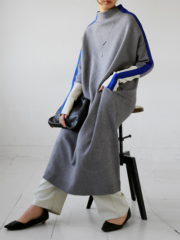 Long Sleeves Loose Contrast Color Stand Collar Maxi Dresses