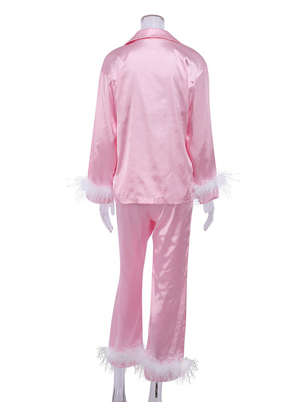 Long Sleeves Buttoned Feathers Split-Joint Notched Collar Shirts Top + Pants Bottom Pajama Sets