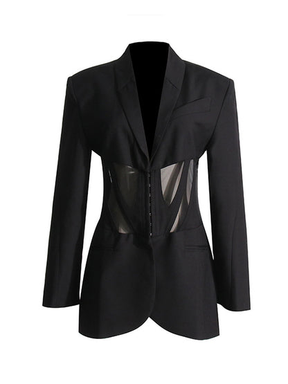 Long Sleeves Buckle Gauze See-Through Solid Color Split-Joint Notched Collar Blazer