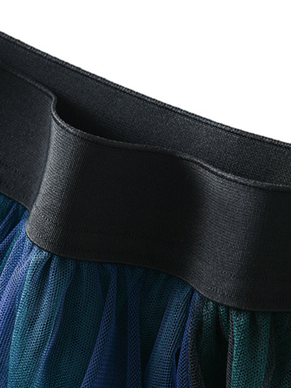 Urban Green Blue Contrast Color Irregular A-Line Gauze Skirts