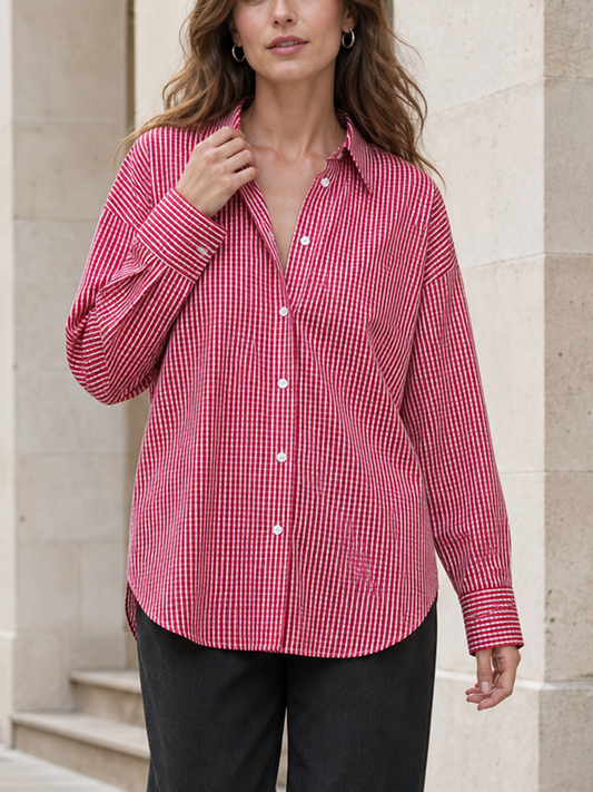 Contrast Color Buttoned Loose Long Sleeves Lapel Blouses&shirts Tops