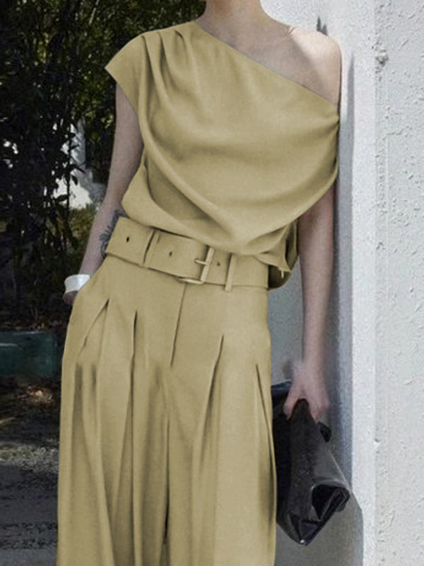 Loose Short Sleeves Solid Color One-Shoulder T-Shirts Tops