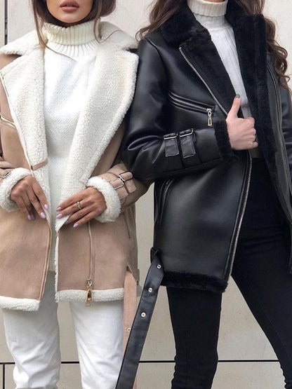 Long Sleeves Loose Buckle Keep Warm Pockets Split-Joint Velvet Zipper Notched Collar Outerwear
