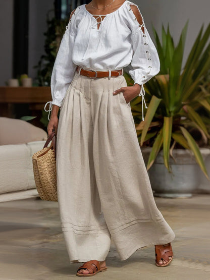 Split-Joint Solid Color Pockets Pleated No Belt Wide Leg High Waisted Trousers Pants
