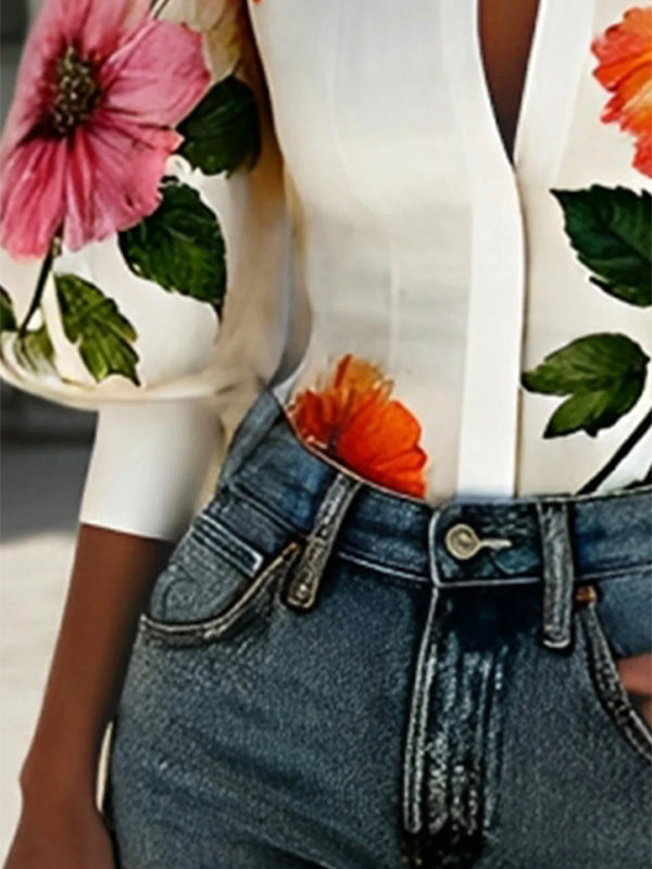 Puff Sleeves Asymmetric Floral Printed Split-Joint Lapel Blouses&Shirts Tops