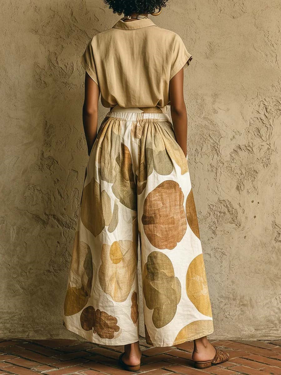 Loose Wide Leg Buttoned Elasticity Pockets Printed Lapel Two Pieces Set