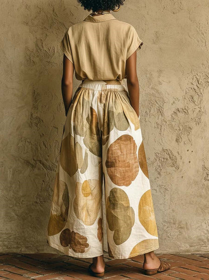 Loose Wide Leg Buttoned Elasticity Pockets Printed Lapel Two Pieces Set
