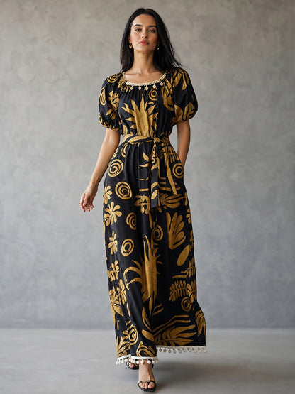 Loose Puff Sleeves Contrast Color Pleated Pockets Printed Split-Joint Tasseled Tied Square-Neck Maxi Dresses