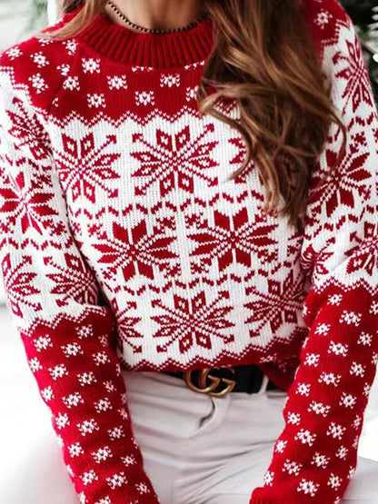Long Sleeves Contrast Color Knitted Flower Round-Neck Pullovers Sweater Tops