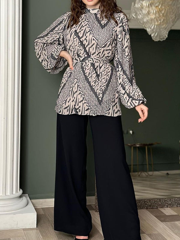 Bishop Sleeve Pleated Printed Tied Waist Round-Neck Shirts Top + High Waisted Pants Bottom Two Pieces Set