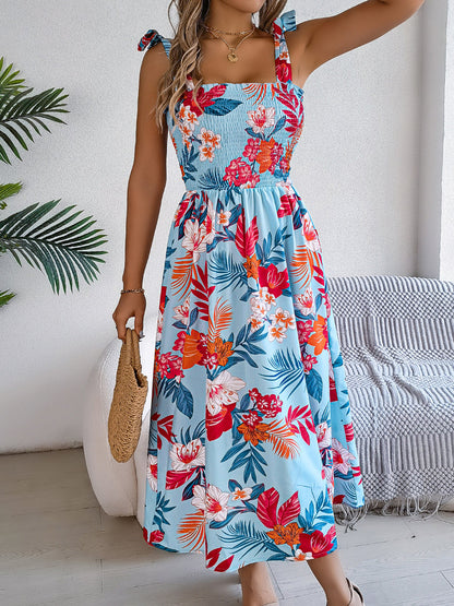 A-Line Loose Contrast Color Elasticity Flower Print Tied Spaghetti-Neck Midi Dresses