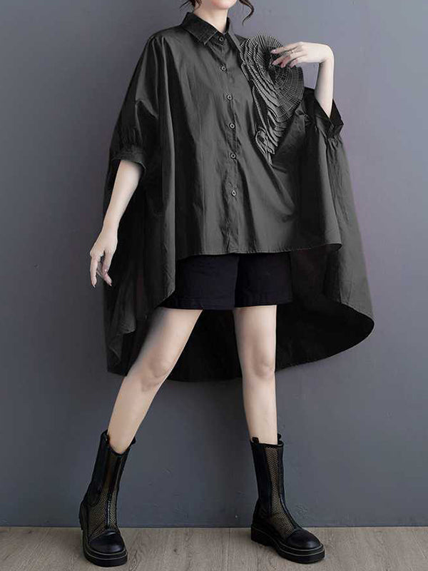Batwing Sleeves Half Sleeves Asymmetric Buttoned Pleated Solid Color Three-Dimensional Flower Lapel Blouses&Shirts Tops