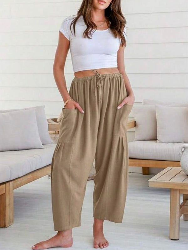 Column Loose Elasticity Pockets Solid Color Casual Pants Bottoms Trousers
