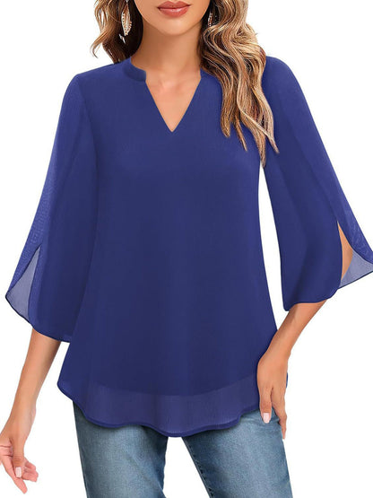 Half Sleeves Loose Solid Color V-Neck Blouses&Shirts Tops