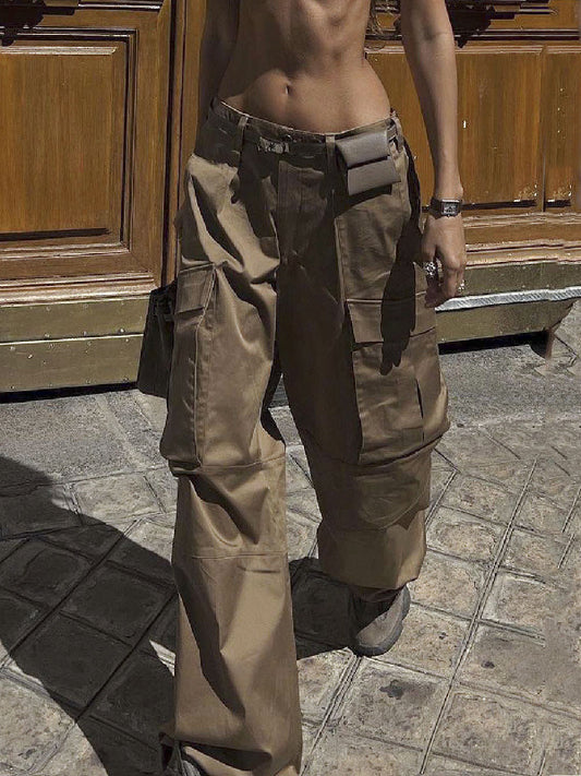 Loose Wide Leg Buttoned Pockets Solid Color Split-Joint Pants Trousers