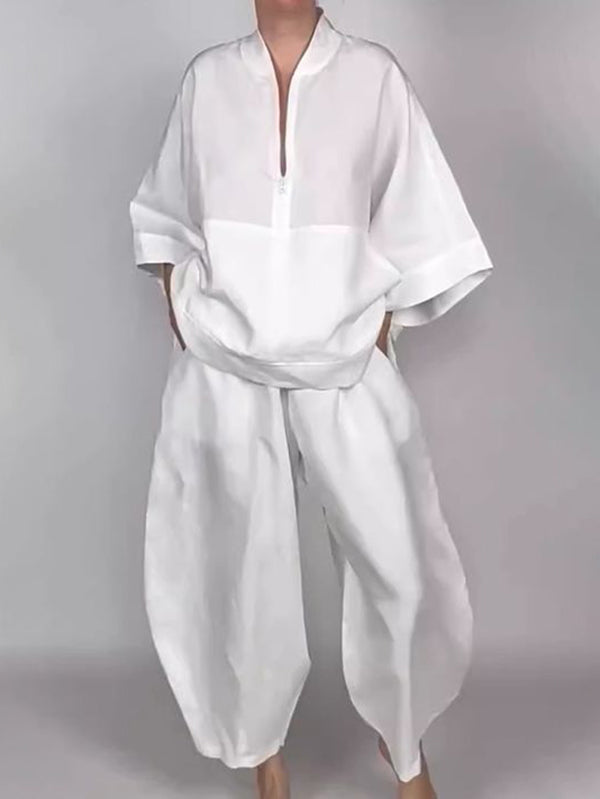 Long Sleeves Loose Solid Color Zipper V-Neck Shirts Tops