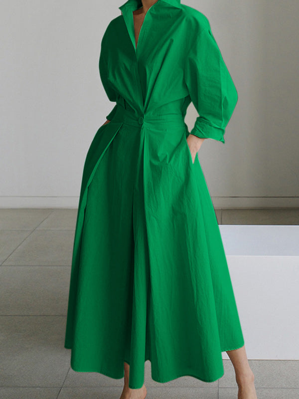 Long Sleeves Loose Buttoned Solid Color Lapel Midi Dresses