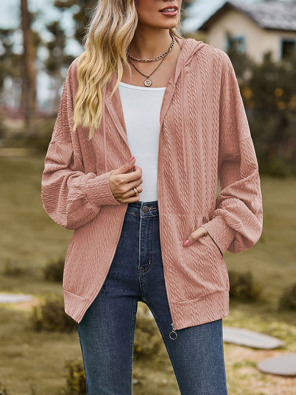 Long Sleeves Loose Drawstring Hooded Pockets Solid Color Zipper V-Neck Outerwear