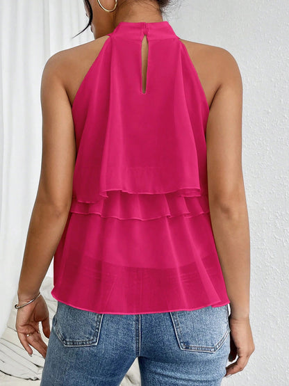 Sleeveless Hollow Ruffle Trim Solid Color Split-Joint Halter-Neck Tank Top
