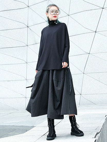 High Waisted Loose Elasticity Pockets Striped Culotte Pants