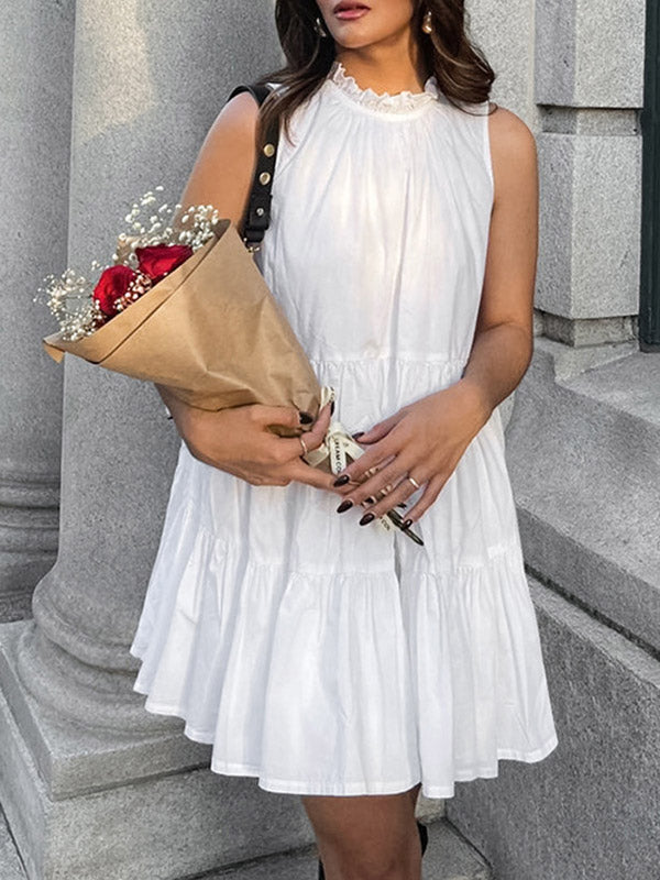 A-Line Loose Pleated Ruffled Solid Color Split-Joint Round-Neck Mini Dresses Shirt Dress