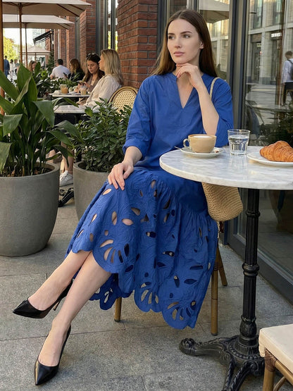 A-Line Long Sleeves Hollow Pleated Solid Color Split-Joint V-Neck Maxi Dresses