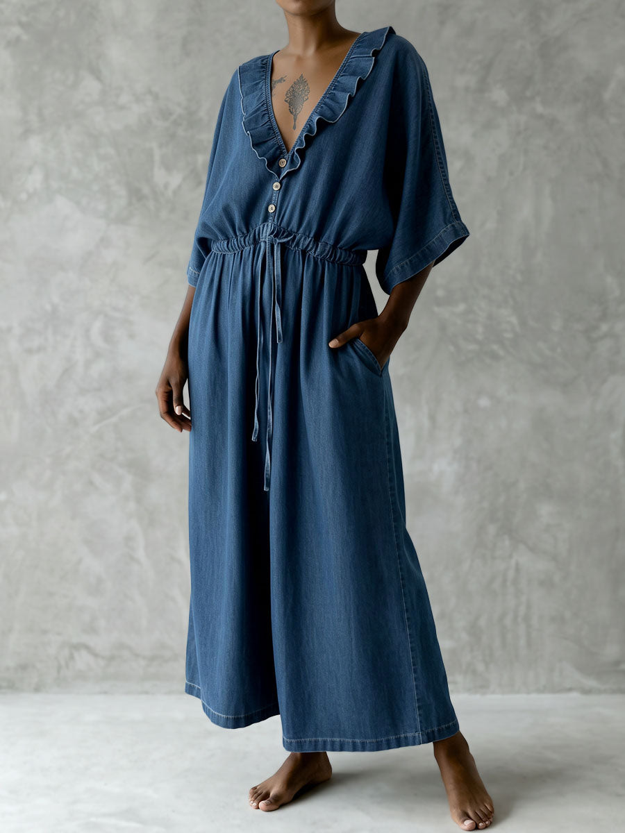Solid Color Ruffle Trim Pockets Elasticity Drawstring Buttoned Wide Leg Loose V-neck Jumpsuits