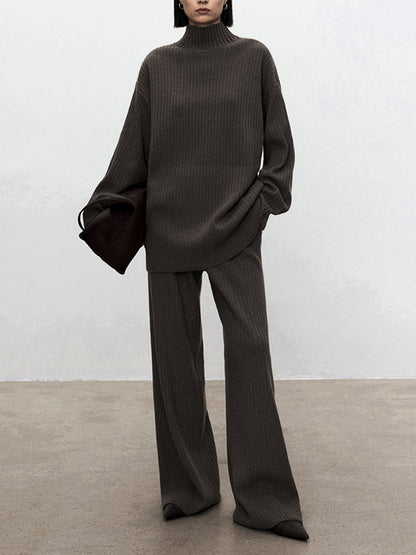 Solid Color High-Neck Long Sleeves Sweater Top + Wide Leg Pants Bottom Two Pieces Set
