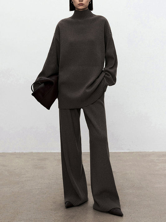 Solid Color High-Neck Long Sleeves Sweater Top + Wide Leg Pants Bottom Two Pieces Set