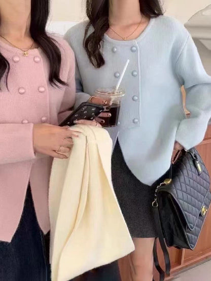 Long Sleeves Loose Asymmetric Buttoned Solid Color Split-Front Round-Neck Cardigan Tops