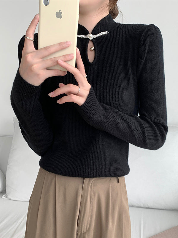 Long Sleeves Skinny Hollow Solid Color Mock Neck Pullovers Sweater Tops