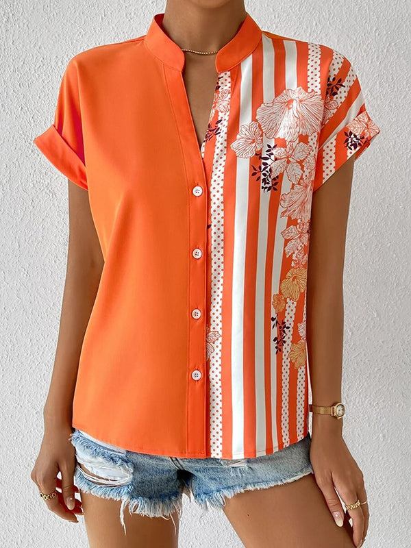 Loose Short Sleeves Buttoned Contrast Color Flower Print Striped V-Neck Blouses&Shirts Tops