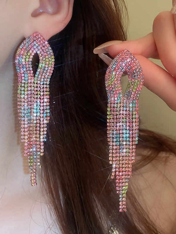 Gradient Hollow Rhine Stones Tasseled Drop Earrings