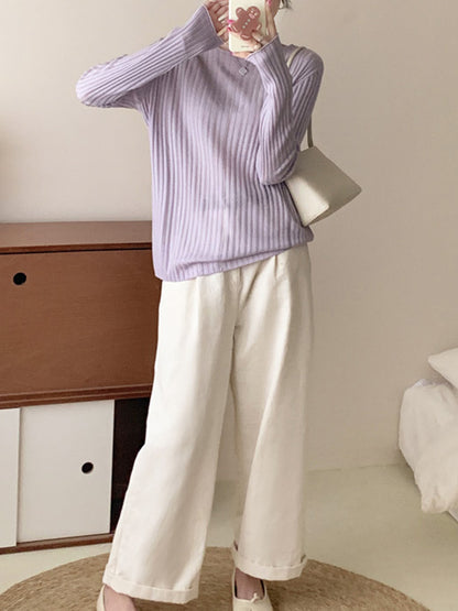 Long Sleeves Loose Solid Color Round-Neck Knitwear Sweater Tops