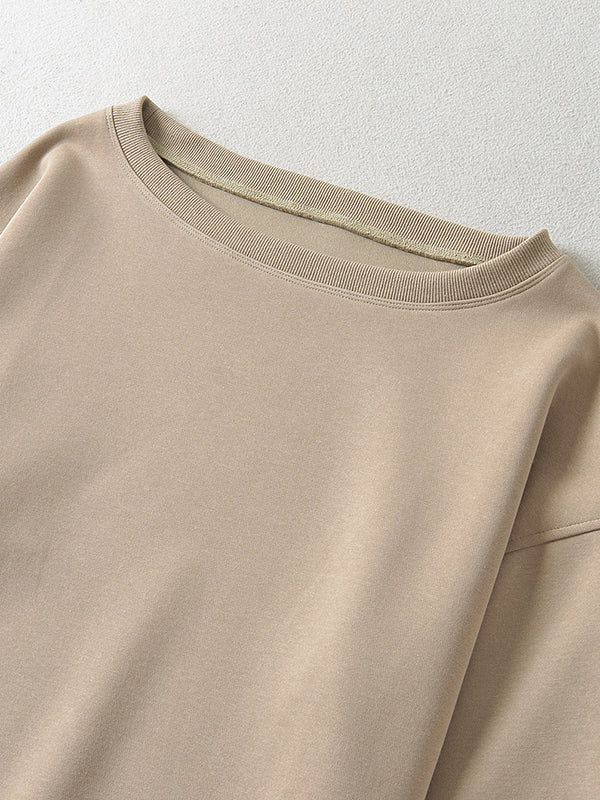 Long Sleeves Loose Solid Color Split-Joint Round-Neck Sweatshirt Tops