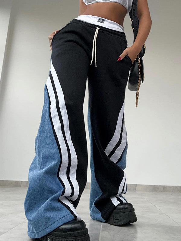 High Waisted Loose Drawstring Elasticity Pockets Denim Split-Joint Pants Trousers