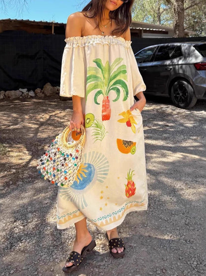 A-line Long Sleeves Contrast Color Pleated Pockets Printed Split-back Split-Joint Off-the-shoulder Maxi Dresses