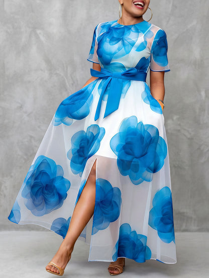 Zipper Tied Waist Split-front See-Through Pockets Flower Print Contrast Color Short Sleeves Loose Round-neck Two Pieces Set Maxi Dresses
