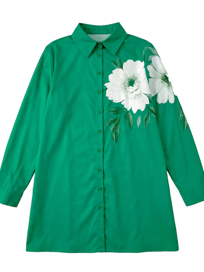 High-Low Long Sleeves Buttoned Flower Print Lapel Blouses&Shirts Tops