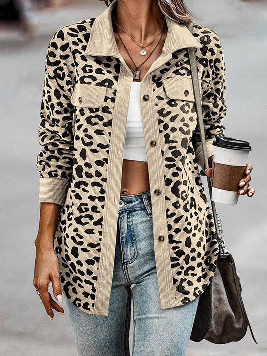 Long Sleeves Loose Buttoned Leopard Pockets Split-Joint Lapel Jackets Outerwear