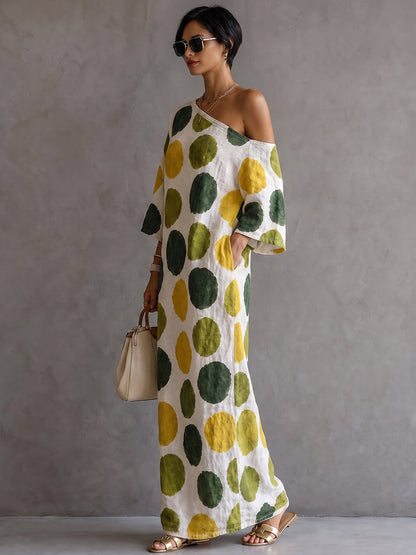 Polka-Dot Pockets Contrast Color Asymmetric Three-quarter Sleeves Loose One-shoulder Maxi Dresses