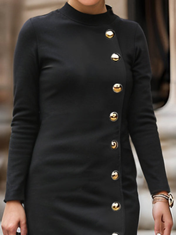 Long Sleeves Buttoned Solid Color Split-Front Stand Collar Maxi Dresses