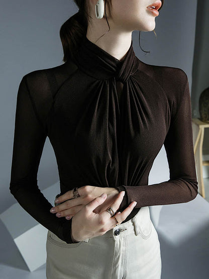 Long Sleeves Plus Size Hollow Mesh Pleated See-Through Solid Color Twist Half Turtleneck Blouses&Shirts Tops