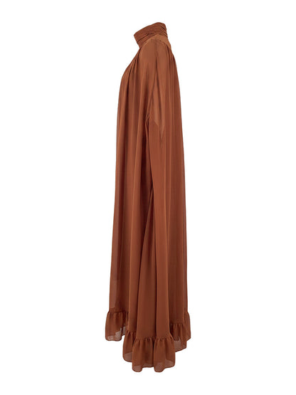 Cape Irregularity Layered Pleated Ruffled See-Through Solid Color Split-Joint High Neck Maxi Dresses