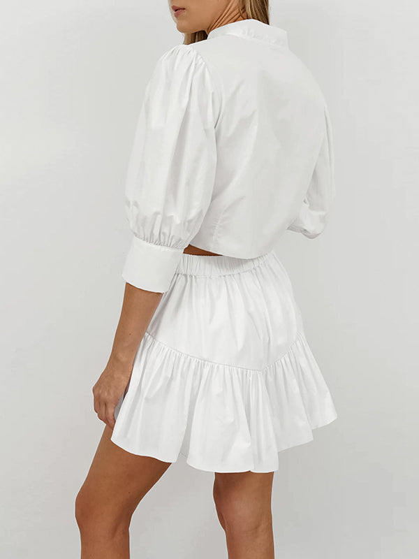 Solid Color Puff Sleeves Split-Joint Stand Collar Blouses + Pleated High Waisted Skirts Two Pieces Set